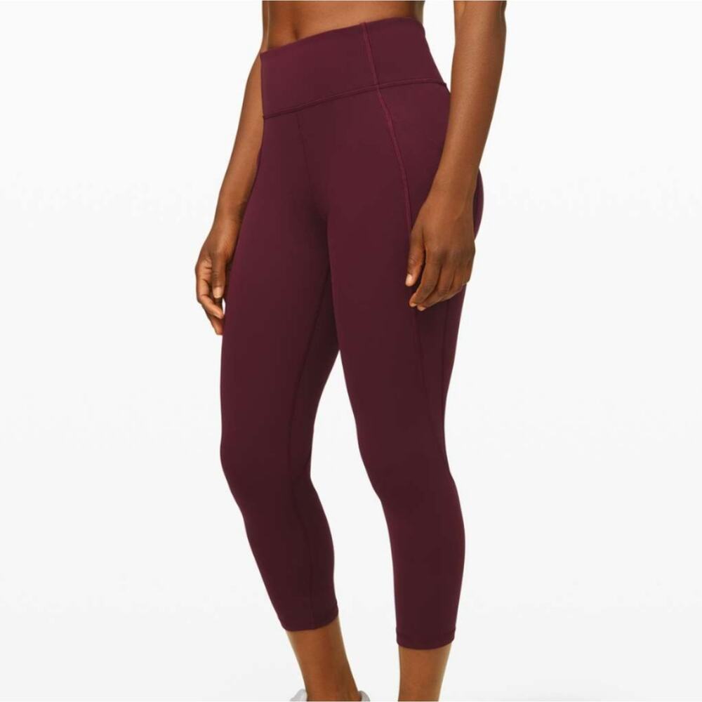 Lululemon Cropped Raw Hem Maroon Leggings Pocket Time to Sweat 4 - Picture 4 of 10